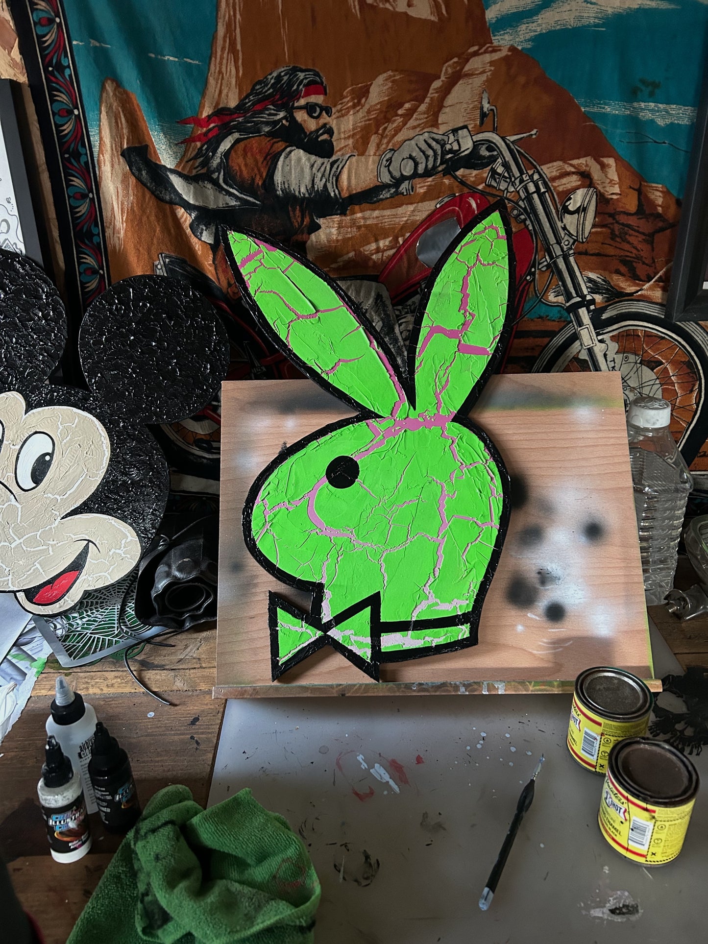 NEON GREEN/PINK LARGE WOOD BUNNY