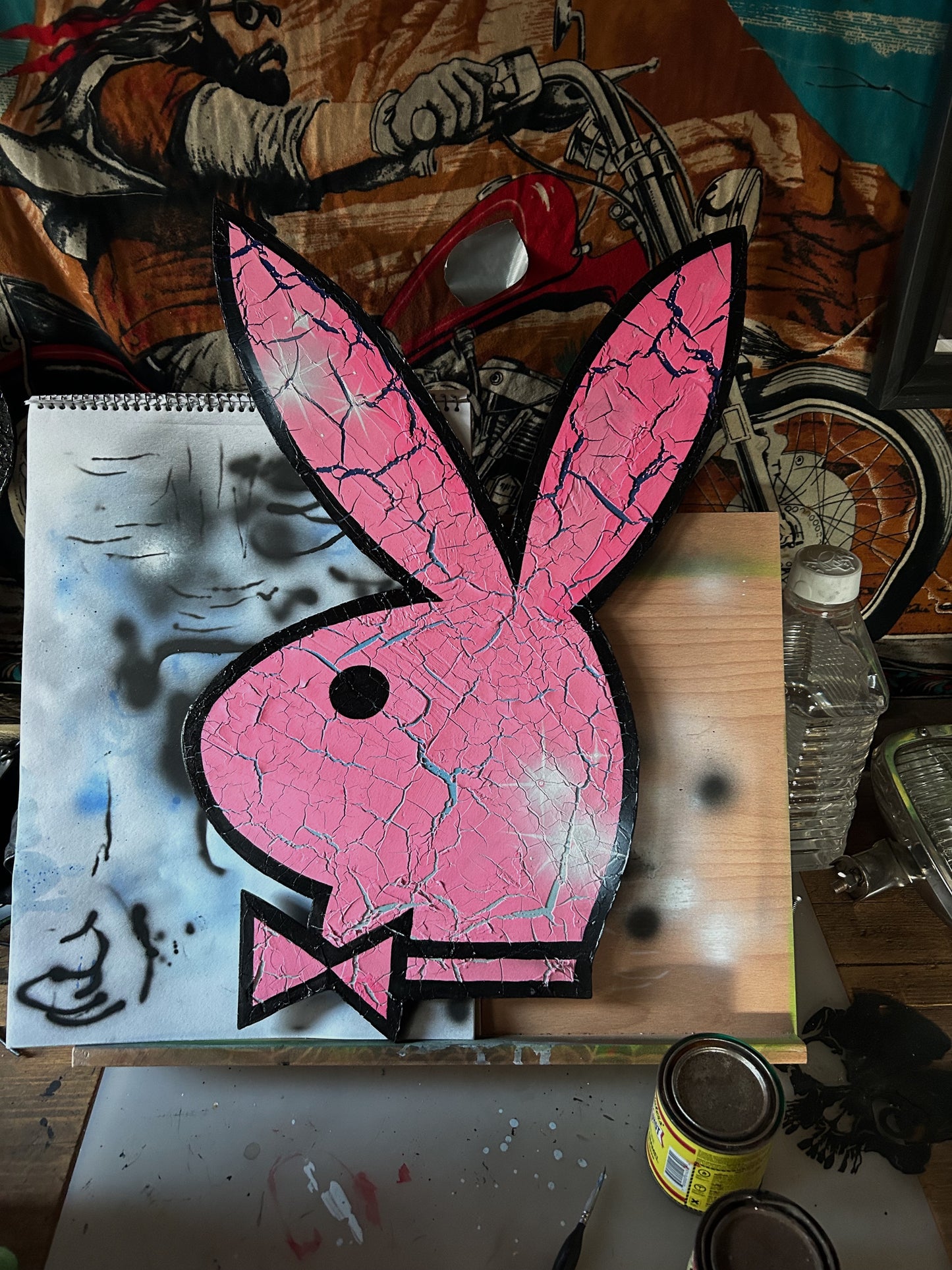 PINK/BLUE NEON CRACKED LARGE WOOD BUNNY