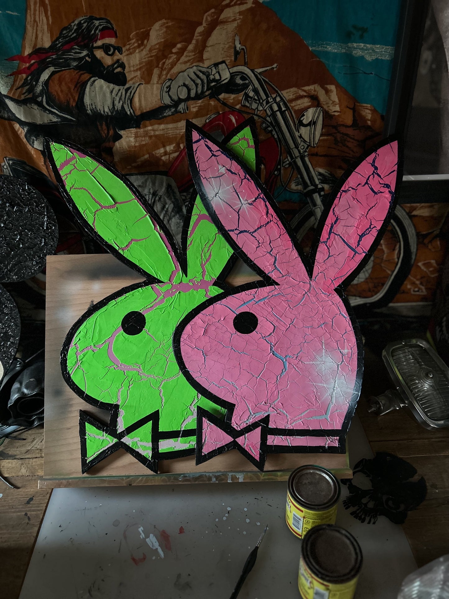 NEON GREEN/PINK LARGE WOOD BUNNY